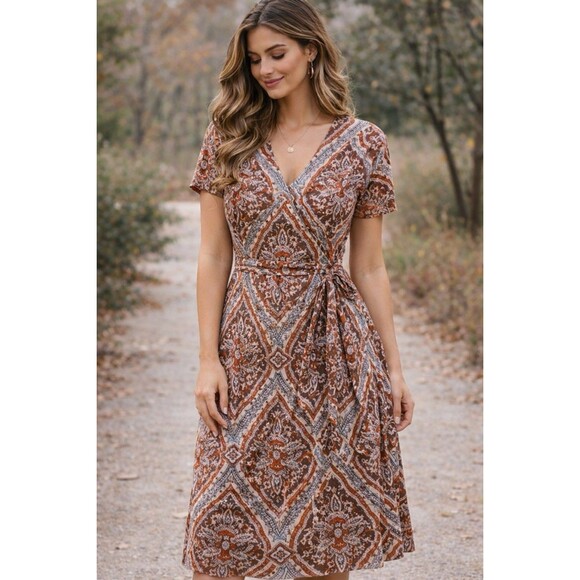 Suzy Shier Dresses & Skirts - Suzy Shier + Paisley Wrap Dress 1X True Wrap Boho Rust Brown Midi Stretch